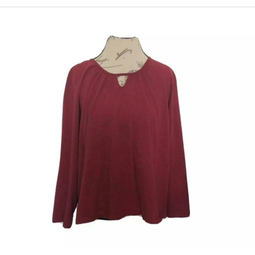 Liz Claiborne Woman Size 2X Red Blouse Keyhole Neck Pleated Long Sleeve Cotton
